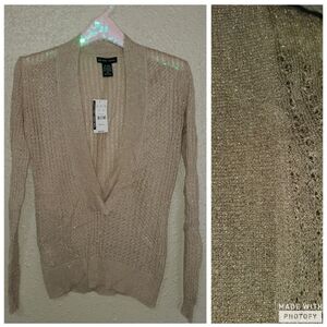 ●SOLD● NWT Women's New York & Co Gold Christmas  V Neck Open Knit Sweater Blouse